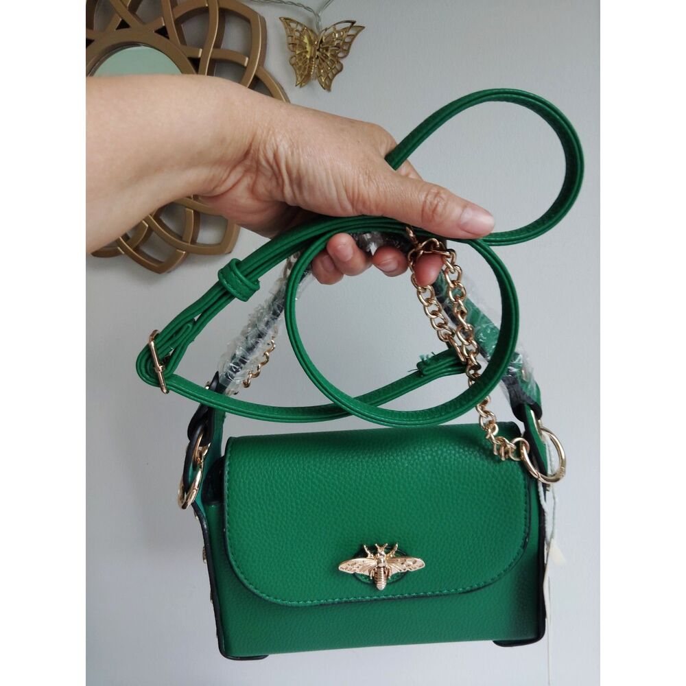 PU Vegan Leather Green Mini Crossbody Bag Bumble Bee Accent NWT